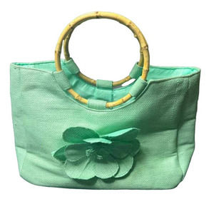 Vintage Neiman Marcus Woven Beach Tote Straw Bag Wooden Handle Flower